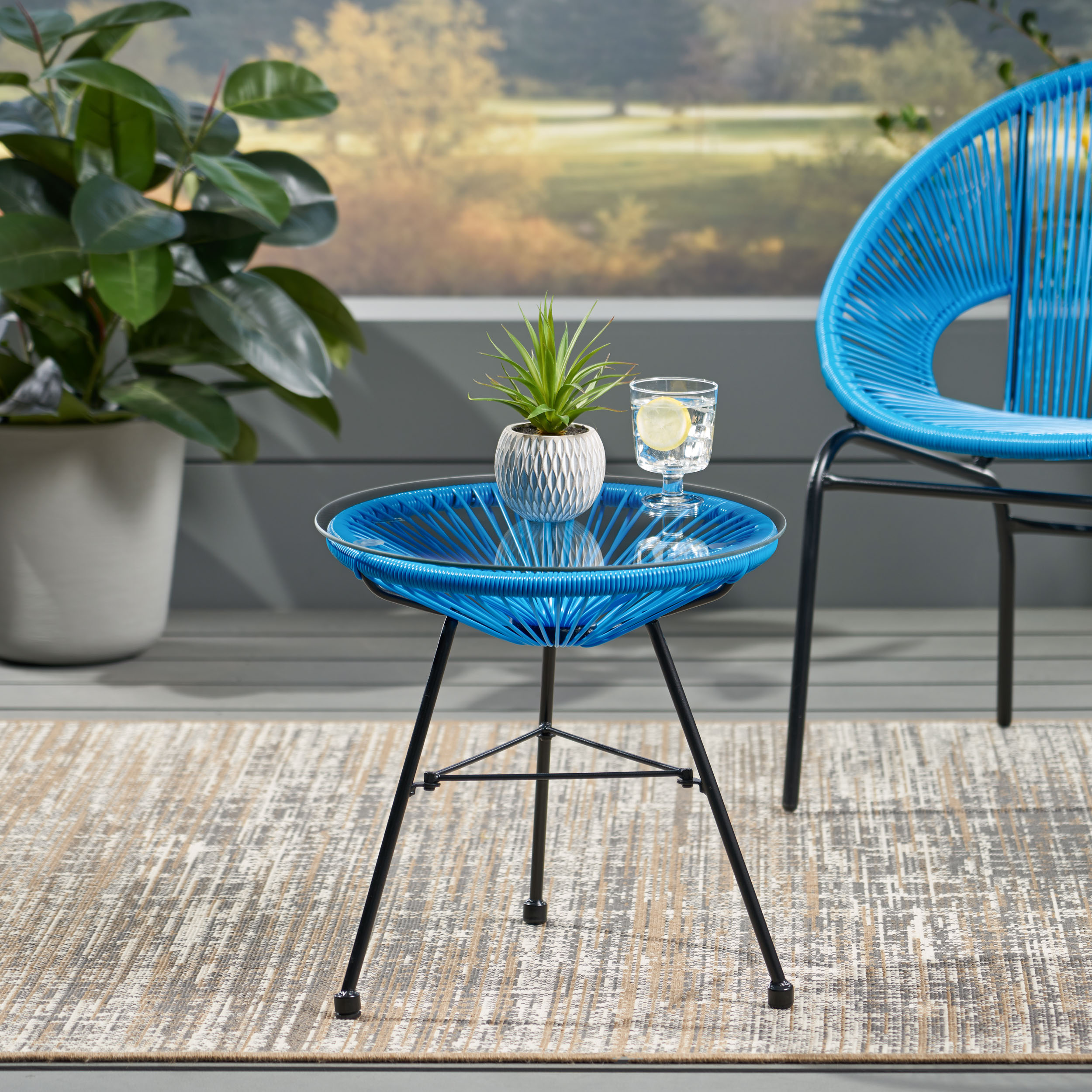 GDF Studio Chrissy Outdoor Modern Faux Rattan Side Table with Tempered Glass Top, Blue and Black - image 2 of 9