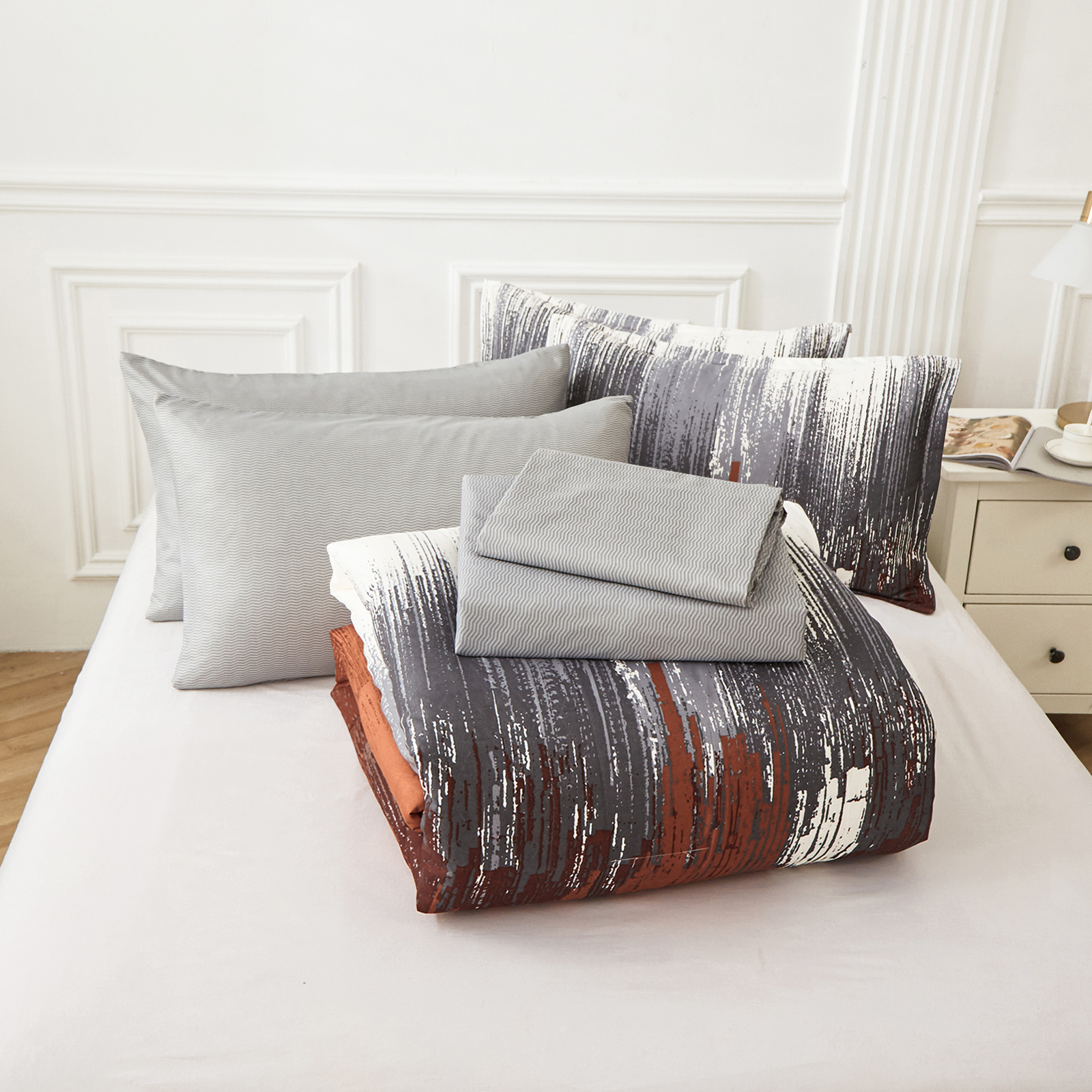 Dintszyayue Comforter Set Queen,Burnt Orange 7Pcs Abstract Gradient Soft Four Seasons Adult(90"x90")