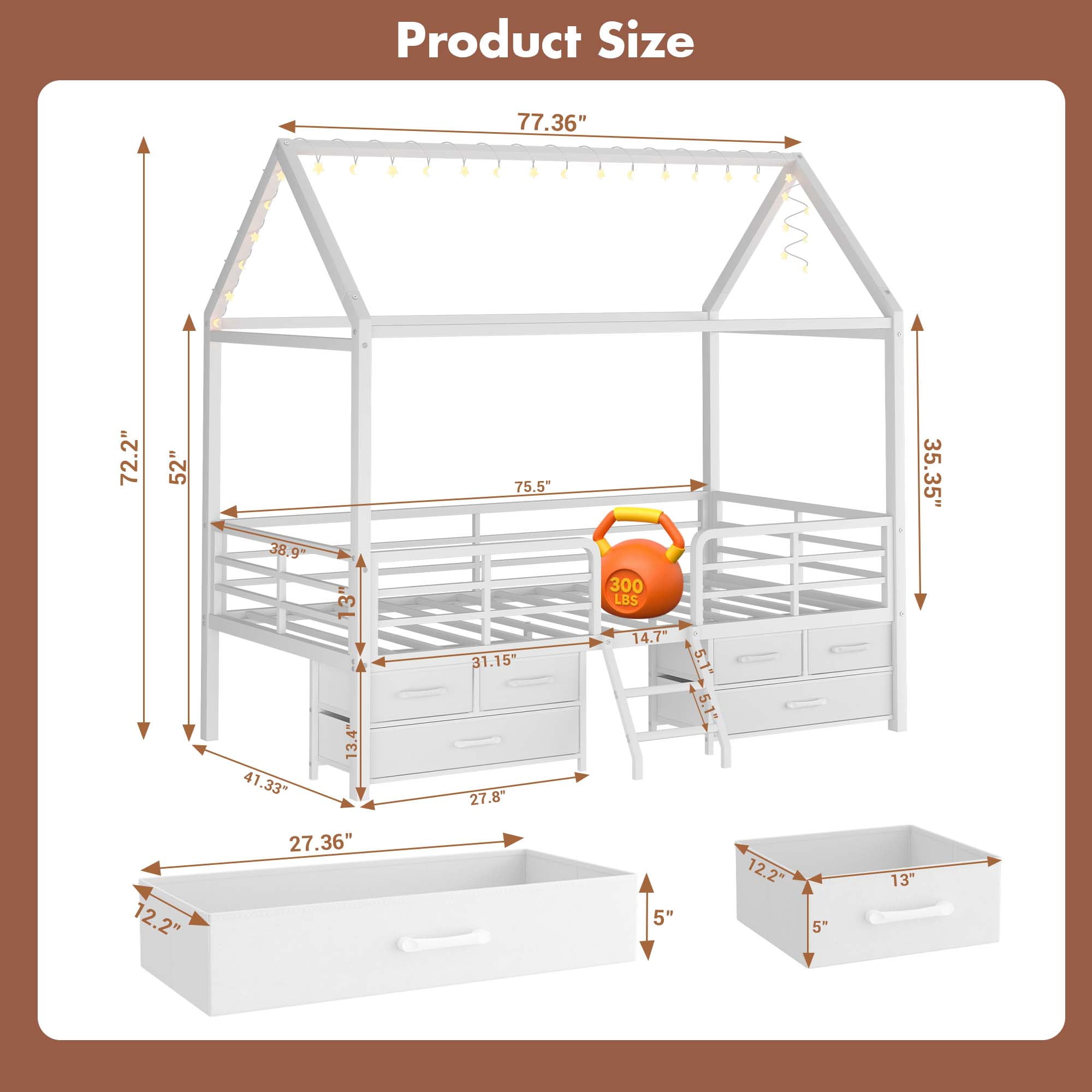 Miniyam Twin House Bed Frame with 6 Storage Drawers and Star Moon Lights, Metal Platform Bed, White