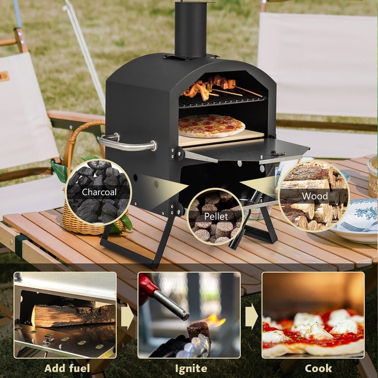 Gymax 2-layer Outdoor Wood Fired Pizza Oven w/ Anti-scalding Handles u0026  Waterproof Cover - Walmart.com