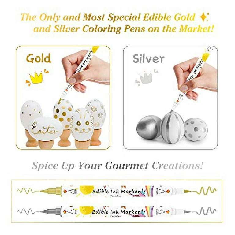Thereisno Food Decorating Pens Edible Marker Double Sided Pens  Fade-Resistant Easily Decorate Desserts Fondant Cake Cookie Metallic  pigment pen