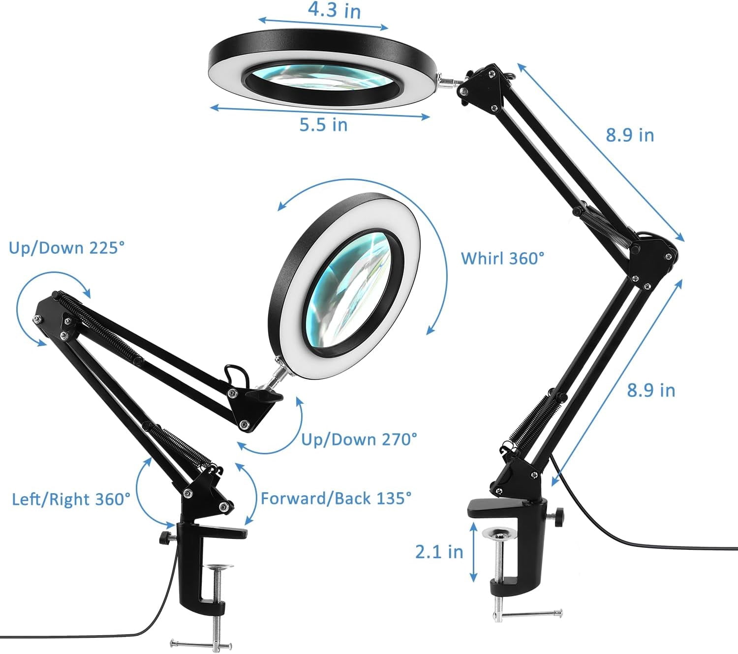 Veemagni Magnifying Glass with Light and Stand, Optical-Grade Glass Lens, 3 Color Modes Stepless Dimmable, Adjustable Swivel Arm, LED Magnifier Desk Lamp for Close Work Repair Crafts Reading, Black