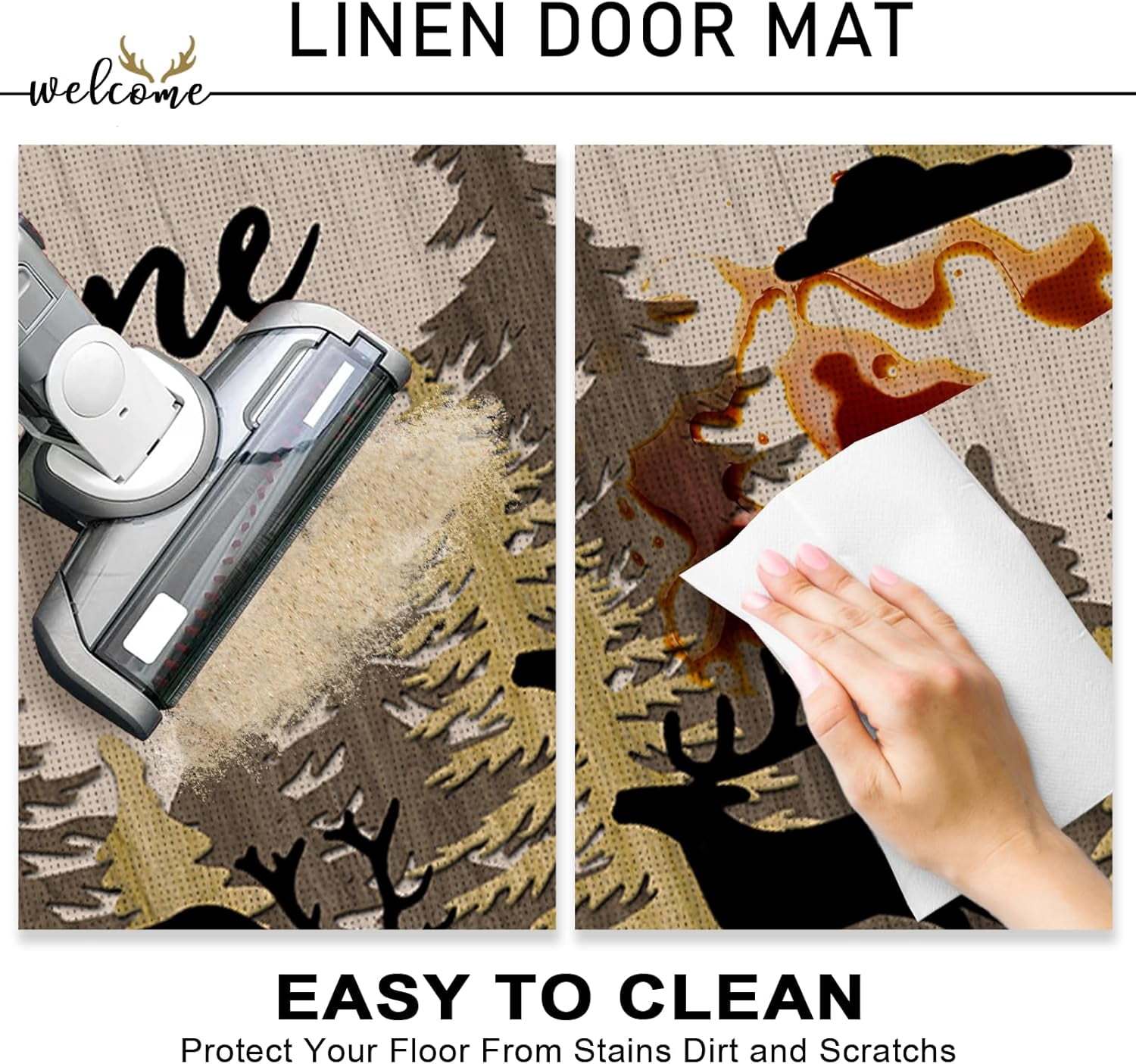 Welcome Woodland Deer Decorative Front Door Mat, Brown Forest Wild Animals Adventure Doormat Indoor Outdoor Non-Slip Floor Entryway Rug, Farmhouse Rustic Home Kitchen Decoration 17x30 Inch