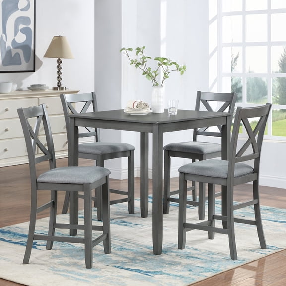 5-Piece Counter Height Dining Table Set with 4 Chairs, Classic Wooden Dining Table Set for 4, Timeless Farmhouse 4-Person Dining Table Set for Small Place, Kitchen, Dining Room, Grey