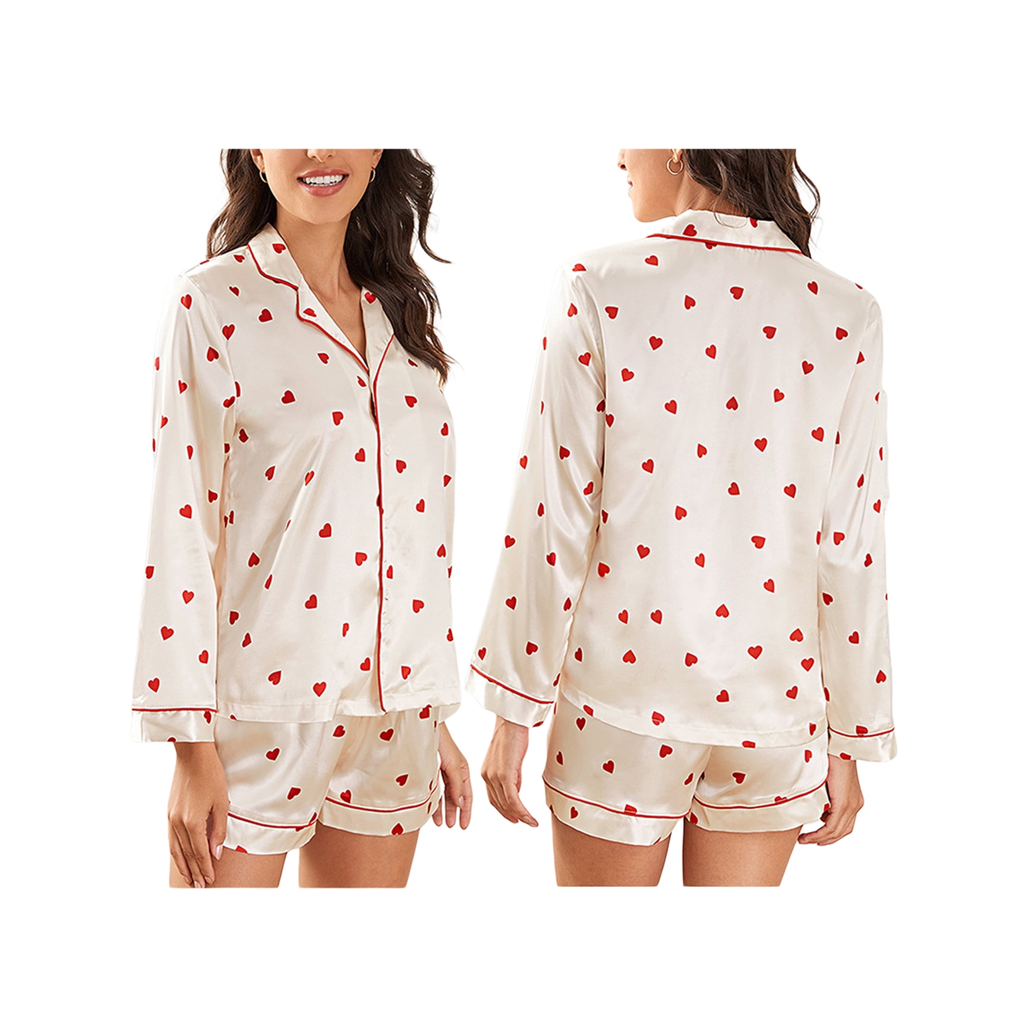 WIFORNT Women Pajama Set Heart Print Long Sleeve Button Closure Shirt with Shorts Sleepwear Loungewear Walmart