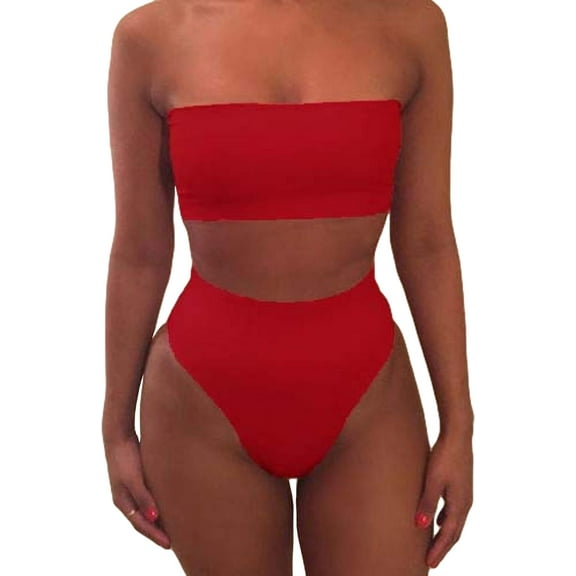 HLSOHJP Women's Bandeau Swimsuit Sleeveless Tube Top High Waist Shorts Two Piece Bikini Sets Push Up Wrap Beachwear