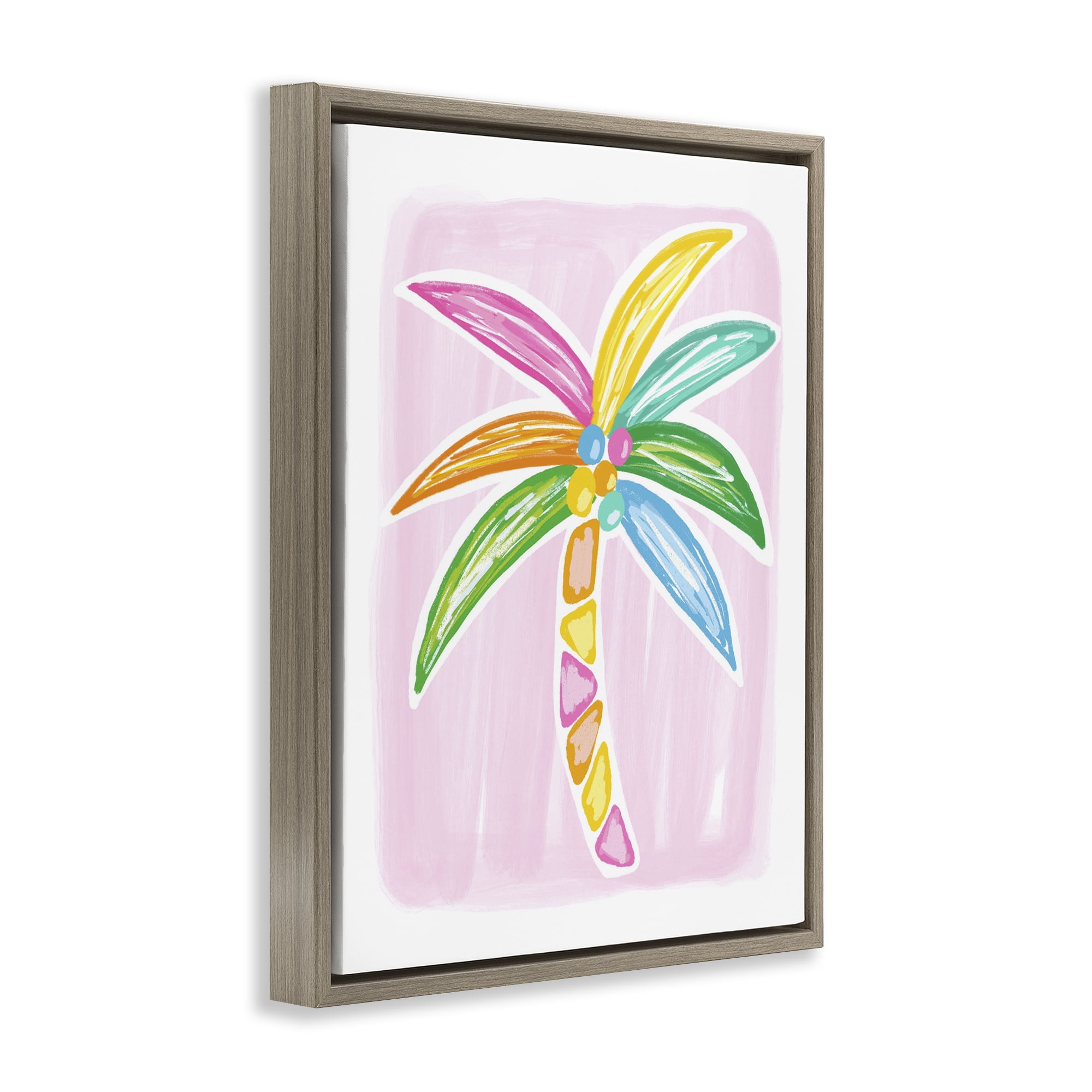 Stupell Industries Pastel Palm on Pink Botanical & Floral Painting Brown Floater Framed Canvas Art Print Wall Art, 17 x 21