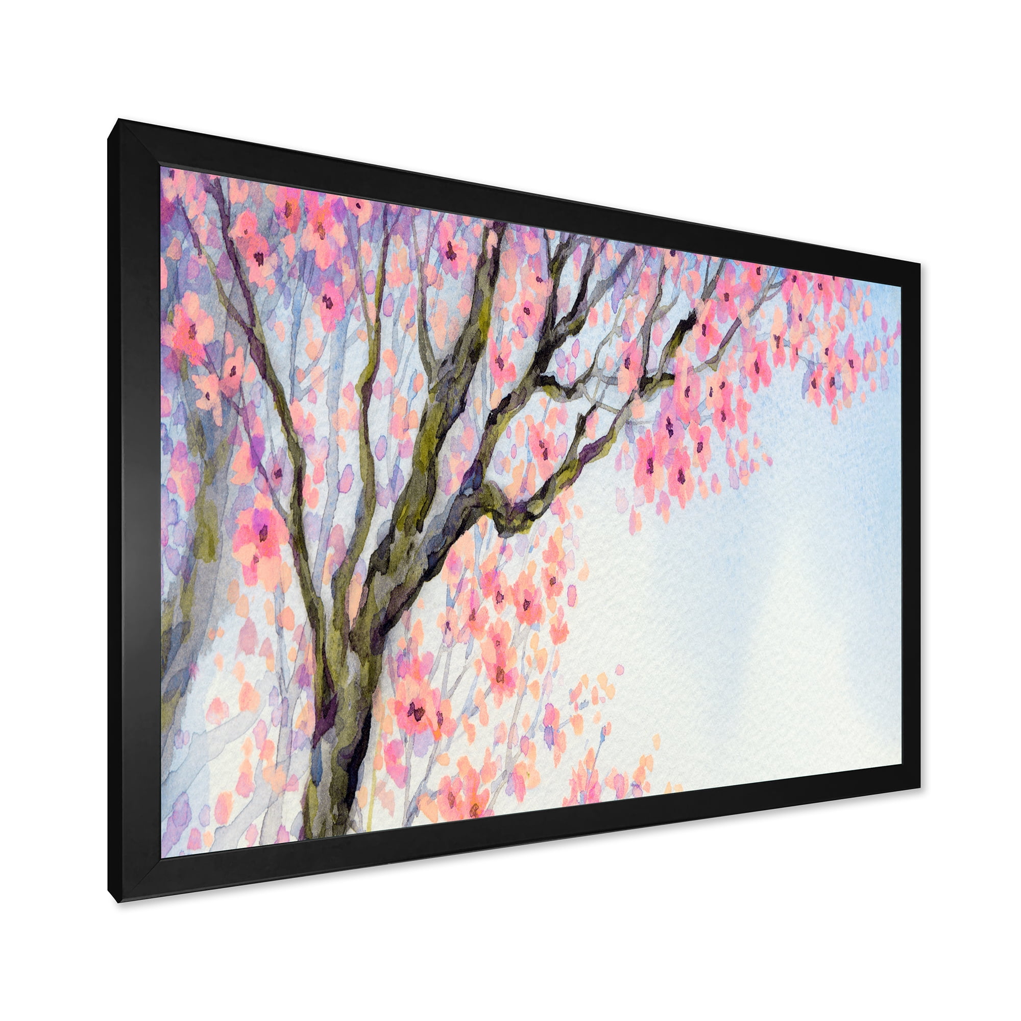 Beautiful Pink Bird Sitting On Flowering Branch 32 in x 16 in Framed Painting Canvas Art Print, by Designart