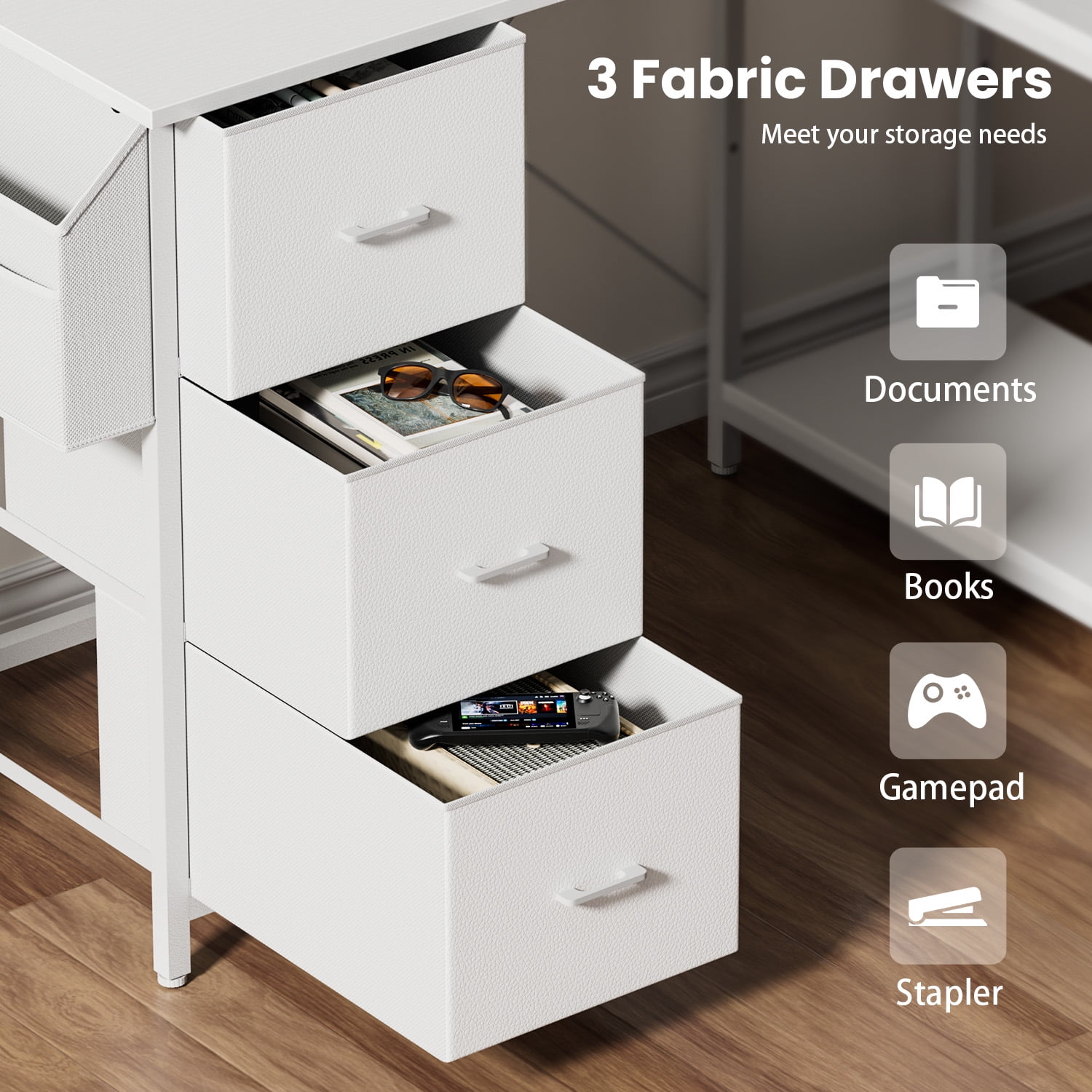 HLDIRECT L Shaped Computer Desk with Drawers & Storage Shelves, 55 inch Corner Desk for Home Office and Bedroom, White