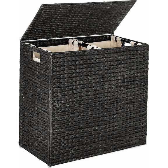 Large Double Laundry Hamper with Lid, Natural Handwoven Water Hyacinth, 2 Sections w/ 2 Machine Washable Linen Liner Bags, Portable, Handles - Black
