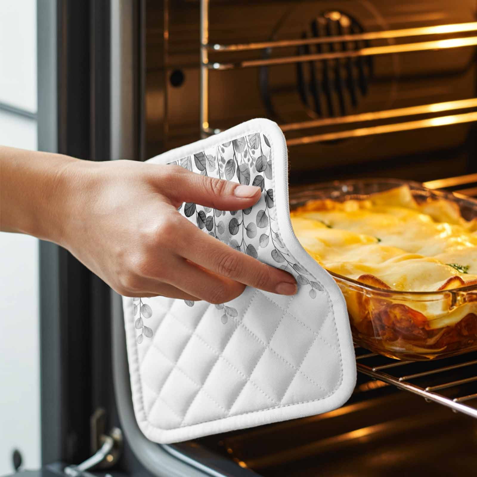 Gray Eucalyptus Leaves Pot Holders for Kitchen Heatproof Potholder, 5 Pack Watercolor Floral Leaf Plants Hot Pads Multipurpose Oven Pads Cloth Potholders Trivet for Cooking Baking