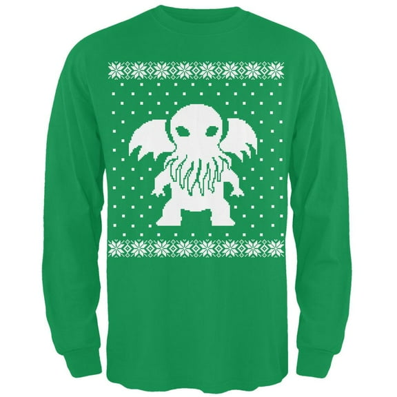 Big Cthulhu Ugly Lovecraft Christmas Sweater Green Adult Long Sleeve T-Shirt - Medium