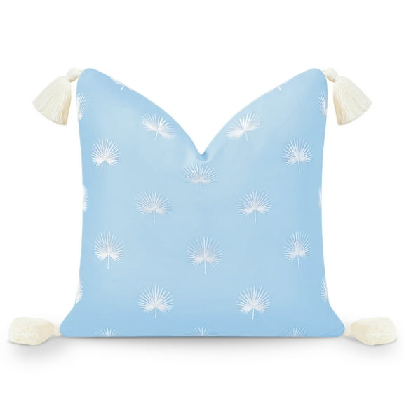 Hofdeco Premium Coastal Hampton Style Patio Indoor Outdoor Throw Pillow Cover Only, 18"x18" Water Resistant for Backyard, Couch, Baby Blue Embroidered Palm Leaf Tassel