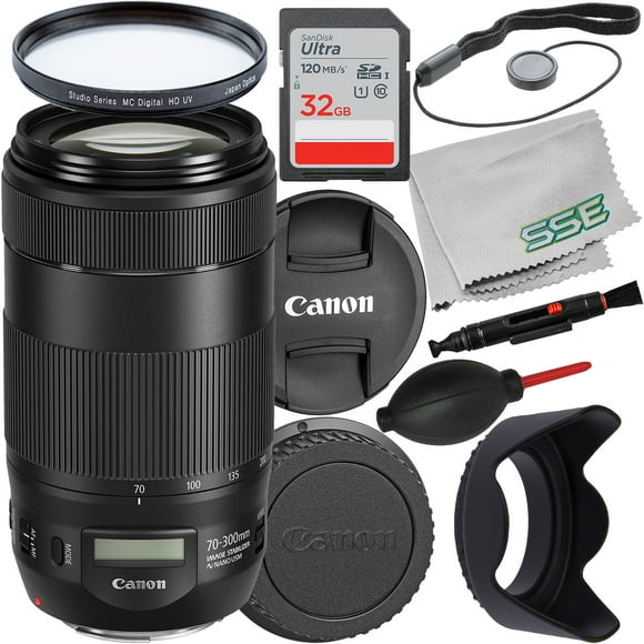 Canon EF 70-300mm f/4-5.6 IS II USM Lens with Starter Accessory Bundle: SanDisk 32GB Ultra SDHC Memory Card, Protective Multi-Coated UV Filter & More (10pc Bundle)