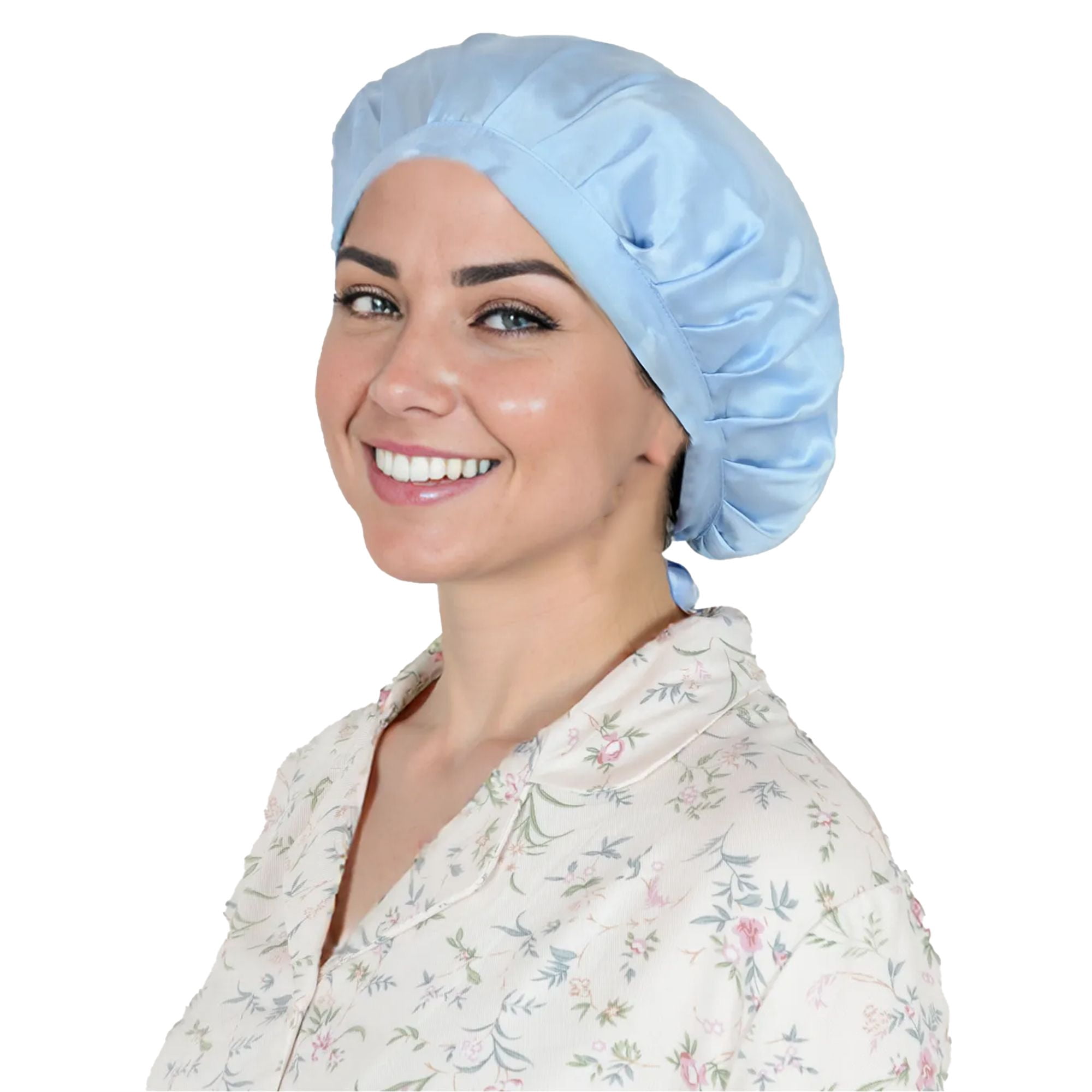 Women Satin Sleep Bonnet Adjustable Tie Back Hair Protection Cap for All Hair Types - Light Blue