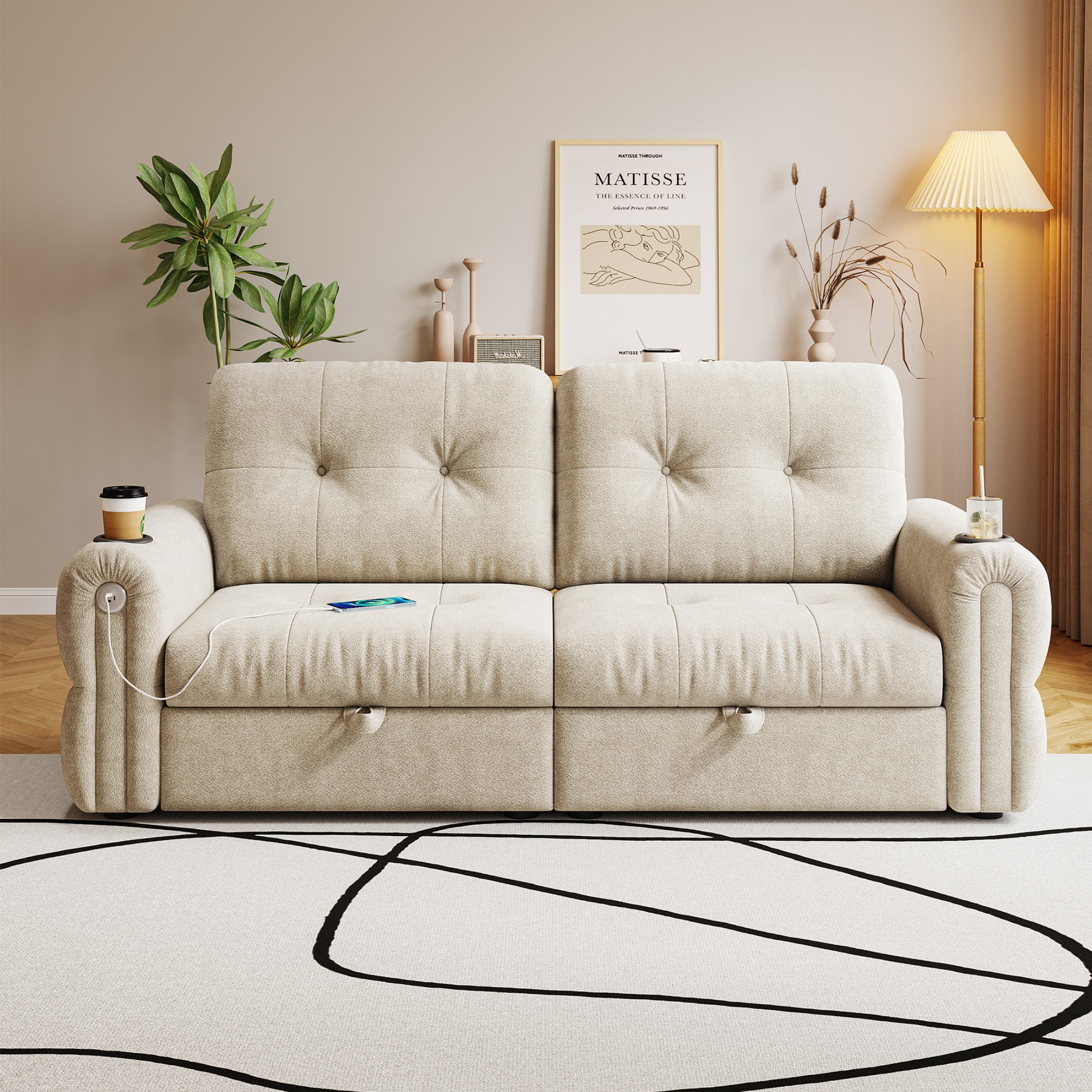 77" Queen Size Sofa Bed, Loveseat Sleeper Sofa with Pull Out Bed and USB, 2 Seater Convertible Small Couch for Living Room Bedroom Apartment (Beige, Chenille)