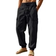 thumbnail image 4 of Homeyce Mens Cotton Linen Pants Elastic Drawstring Waist Straight Leg Pants with Pockets Linen Cotton Trousers Yoga Beach Loose Fit Casual Summer Sweatpants,Black L, 4 of 5
