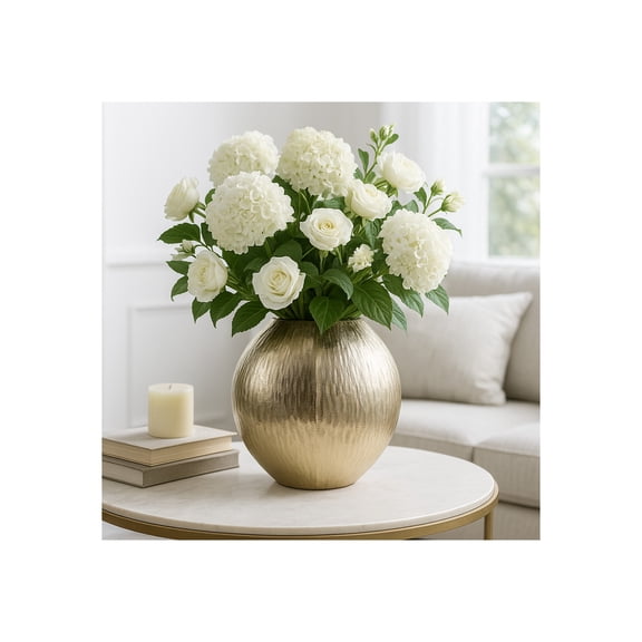 Decorative Round Vase for Living Room Decor - Modern Metal Flower Vase for Home and Office Table Centerpiece - Glam Aluminum Accent for Dining  or Bedroom Vanity Display - 11", Gold