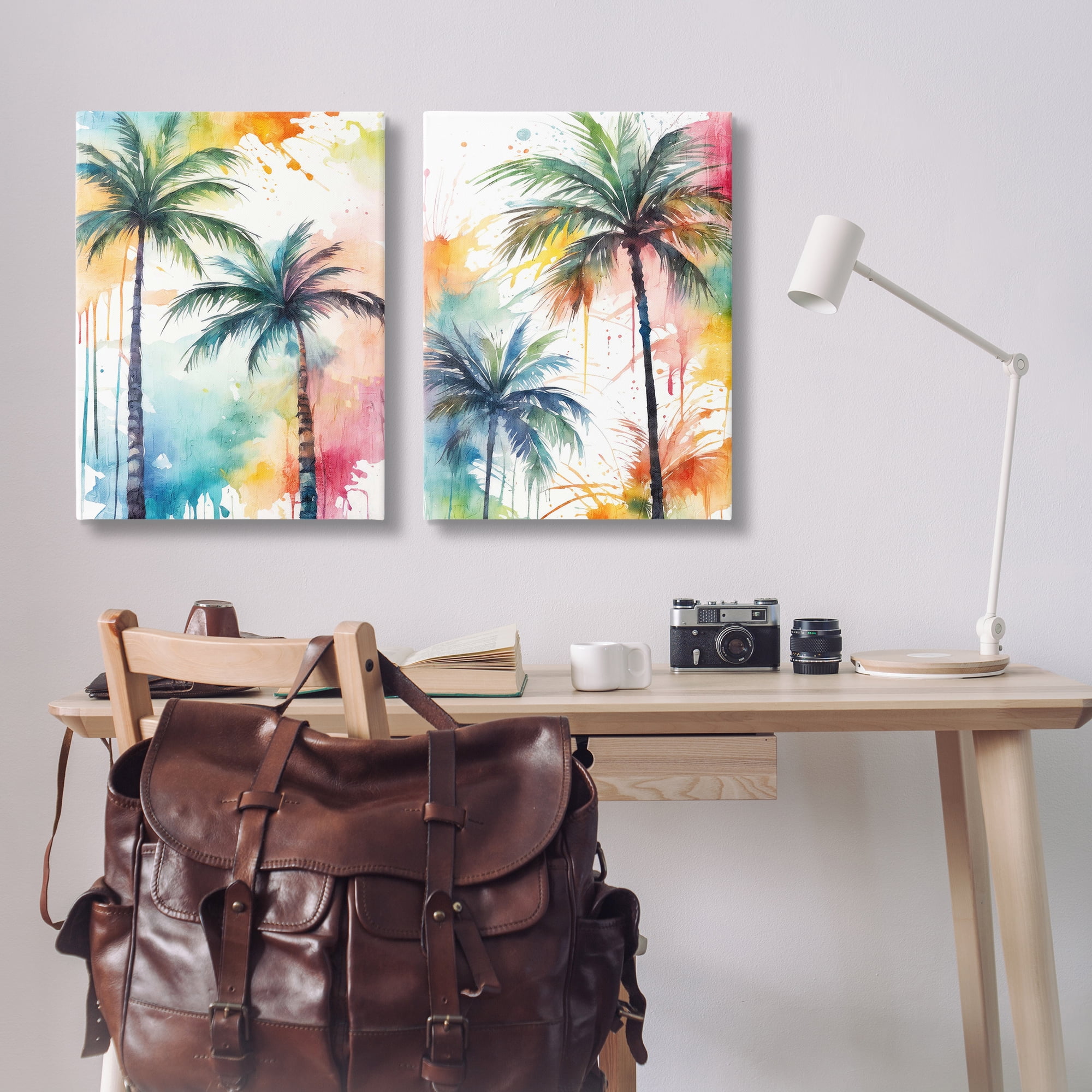 Stupell Industries Watercolor Splash Towering Palms Plants & Flowers Painting Wrapped Canvas Art Print Wall Art, 24 x 36, Set of 2