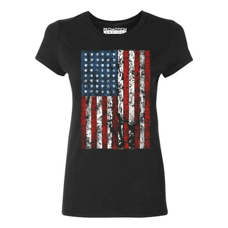 P&B Distressed USA Flag 4th of July Independence Day Women's T-shirt, Black, (Best 4th Of July Discounts)