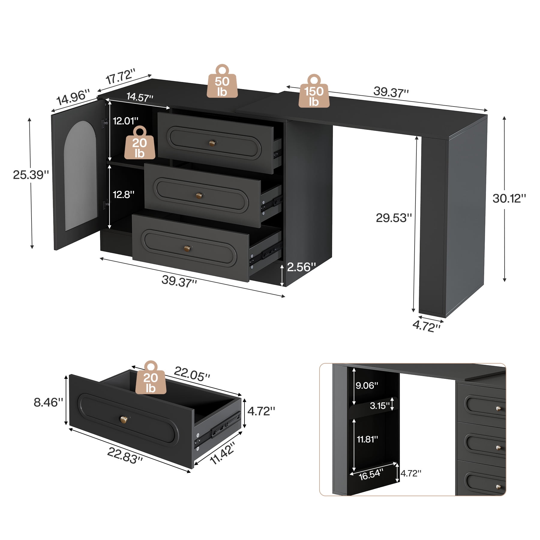 Fnova Rotatable L-Shaped Computer Desk with 3 Drawers, Cabinet, Reversible Corner Design with Adjustable Shelves, Home Office Workstation Writing Table for Bedroom
