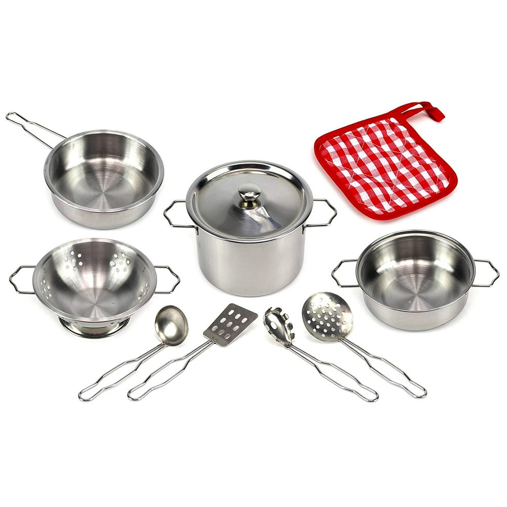 Complete 10 Piece Cook Metal Toy Cookware Play Set for Kids, Children