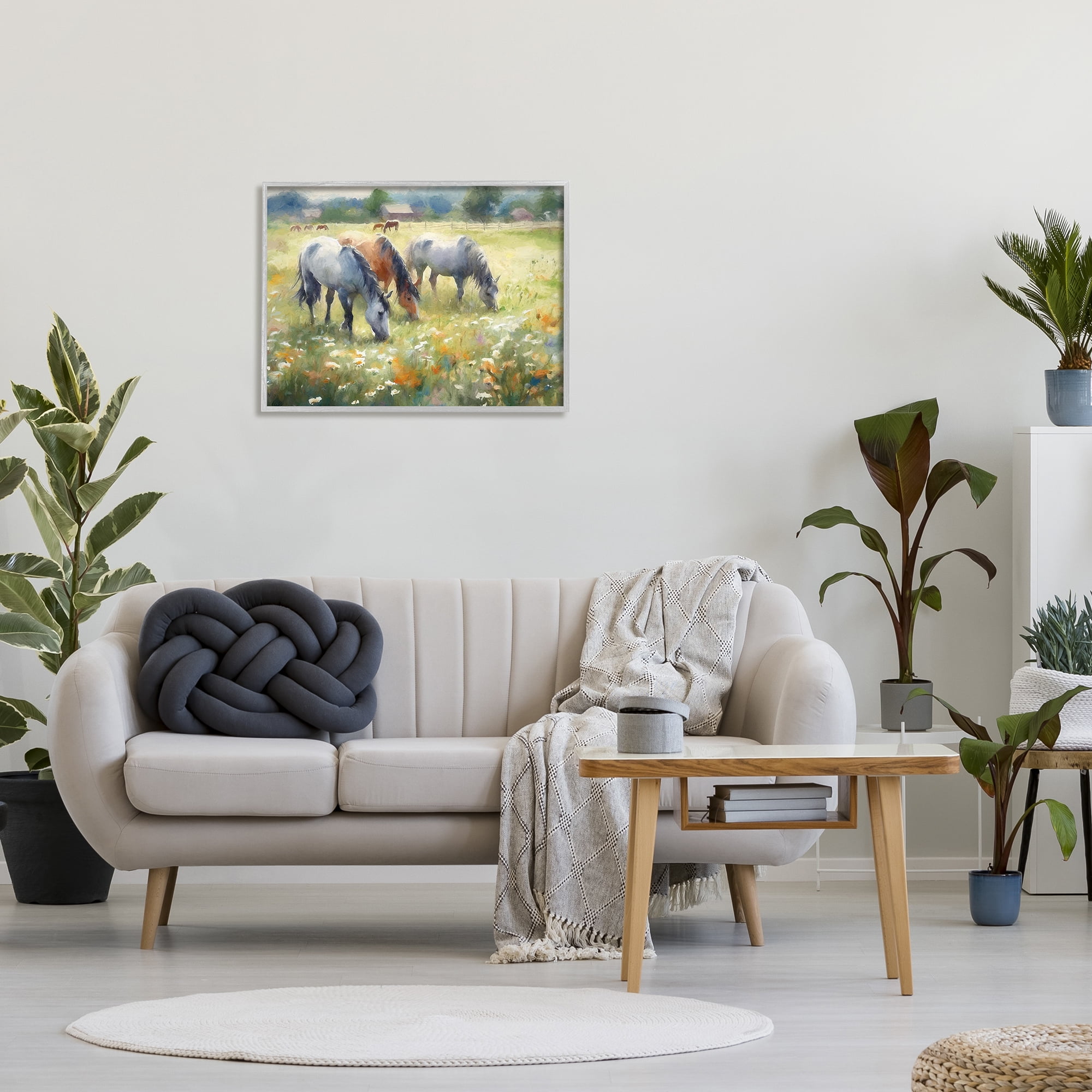 Stupell Industries Grazing Horses in Pasture Animals & Insects Painting Gray Framed Art Print Wall Art, 30 x 24