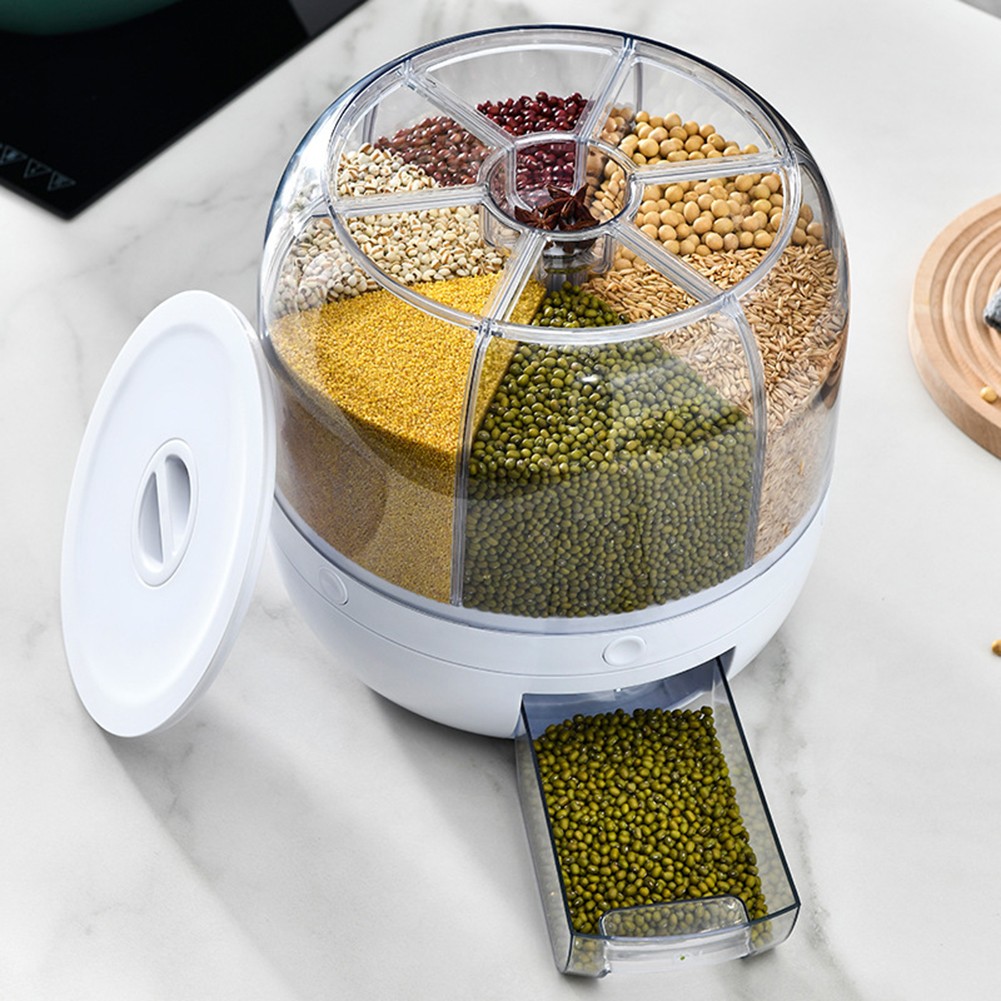 Rice and Grain Dispenser【can hold 15-20lbs】, 360° Rotating Food Storage  Container, 6-Compartment Dry Food Dispenser with Lid, Moisture Resistant