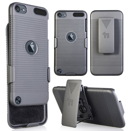 iPod Touch 7/6/5 Case with Clip, Nakedcellphone Black Ribbed Hard Cover and Belt
