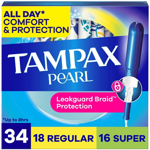 Tampax Pearl Tampons Duo Multipack with LeakGuard Braid, Regular/Super Absorbency, 34 Count