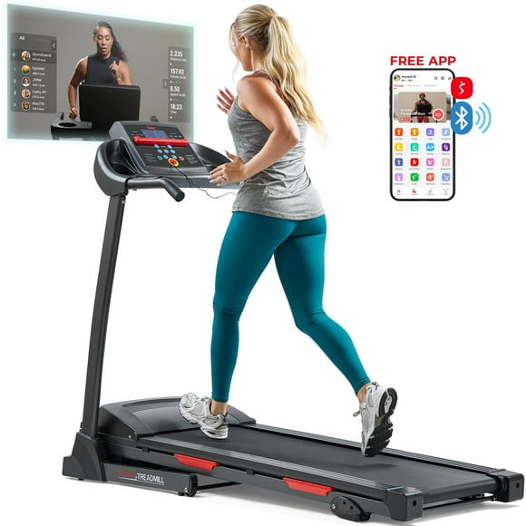 Sunny Health & Fitness Adjustable Incline Foldable Smart Treadmill with Digital Monitor, Shock Absorption, Pulse Sensors, Handrail Controls, SunnyFit App Enhanced Bluetooth Connection - SF-T4400SMART