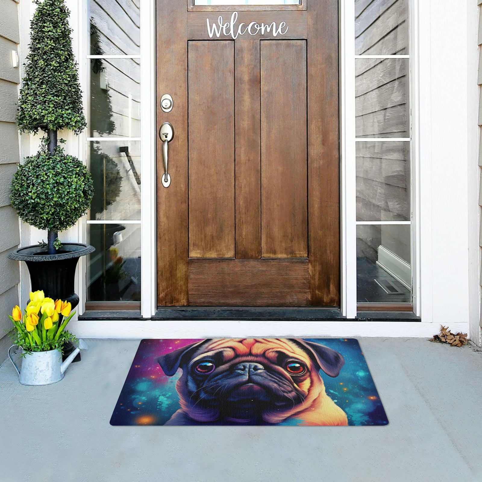 JSTEL Cute Pug Dog Galaxy Front Door Mat Outside Entrance 32x20 Inch Doormat for Outdoor Indoor Washable Non Slip Floor Mats