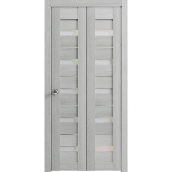 Sliding Closet Bi-fold Doors 48 x 80 inches | Quadro 4445 Light Grey Oak with Frosted Glass | Sturdy Tracks Moldings Trims Hardware Set | Wood Solid Bedroom Wardrobe Doors