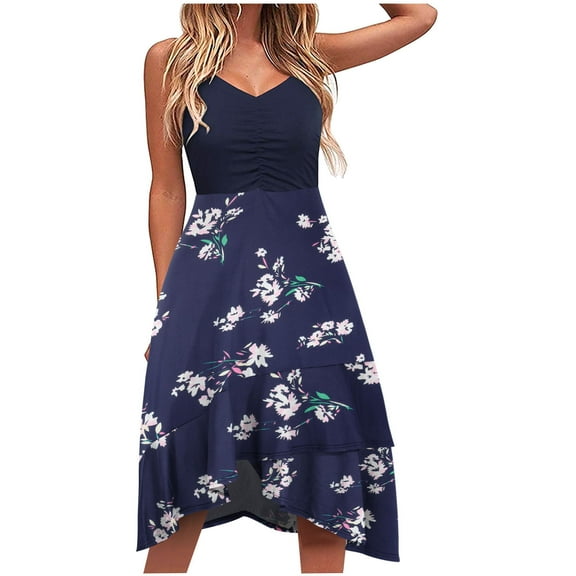 USSUMA Sun Dresses Women Summer Casual Sleeveless Pleated Flowy Swing Midi Sundresses for Women Floral Print Plus Size Dress for Women V Neck Graduation Dress