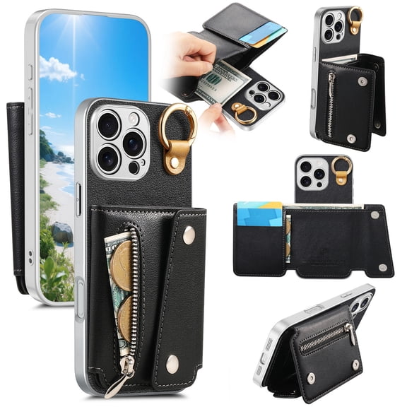 Sanwo for iPhone 16 Pro Max Wallet Case with Card Holder and Cash Slot, PU Leather Flip Cover with Kickstand,Rugged PC TPU Protective Case, Black