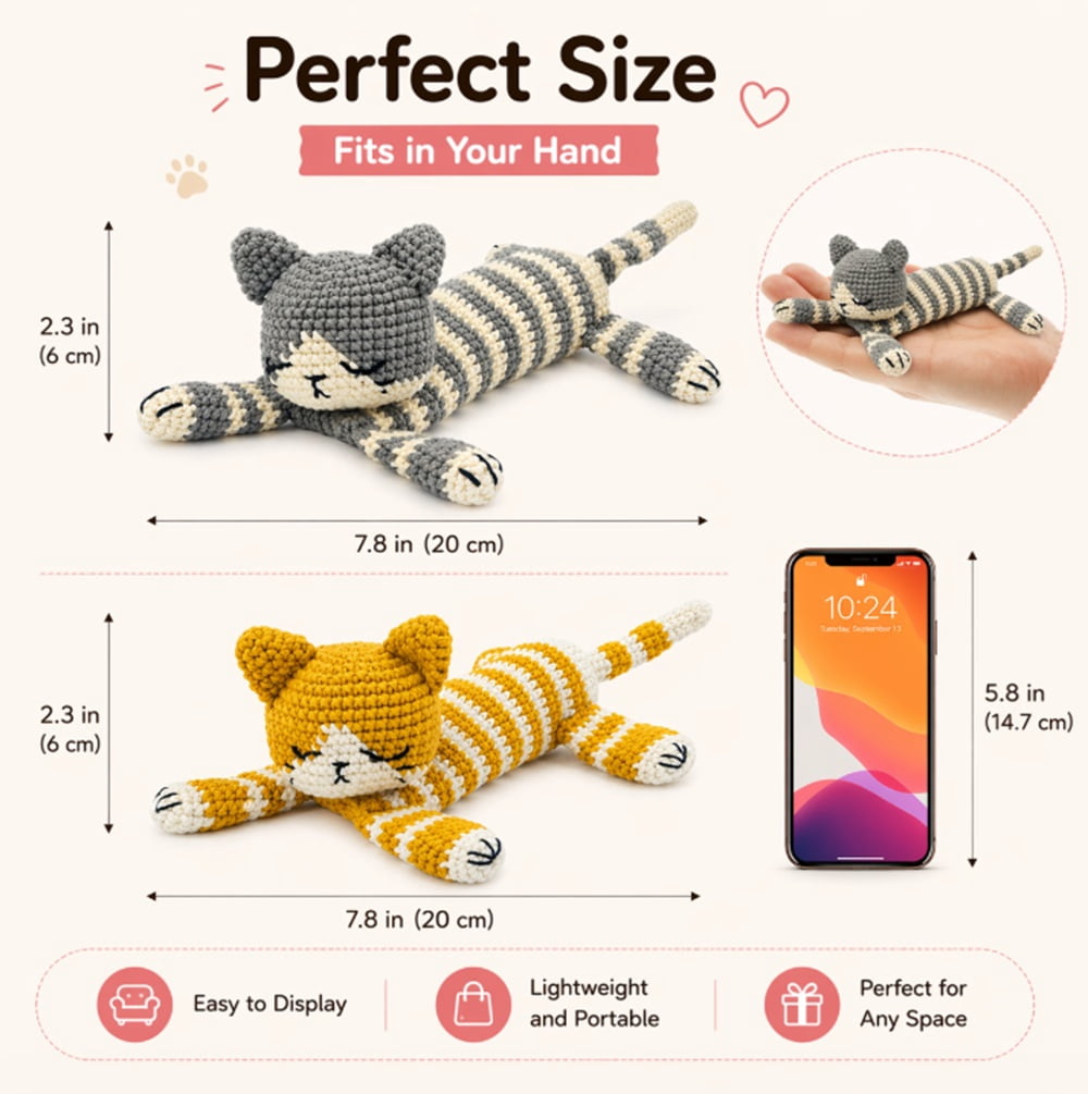 2 Pack Sleeping Cat Crochet Kit for Beginners, Cat Amigurumi Starter Set with Step by Step Video Tutorial, TIKA