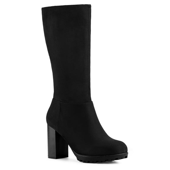 BLISSFUL STEP Women's Mid-calf Round Toe Block Heel Boots Black 9