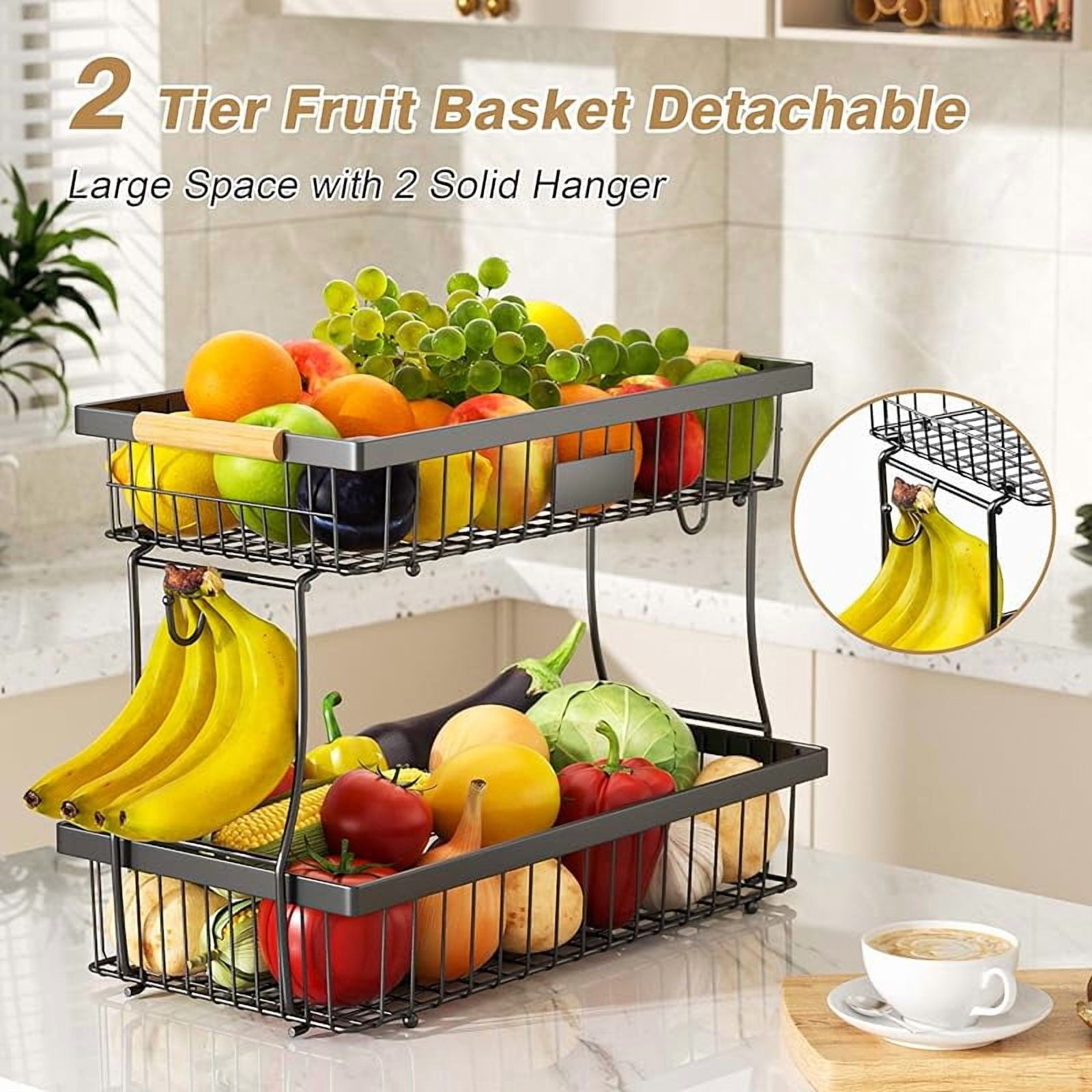 2 Tier Fruit Basket for Kitchen Counter,Wire Tiered Fruit Stand with Hangers&Handle,Corner Vegetable Rack,Two Tier Kitchen Basket For Fruits,Veggies,Snacks,Onions,Black