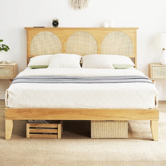 AKDSteel Boho Rattan Queen Bed Frame, Wooden Platform With Smart Rgb Led Headboard And Under Bed Storage, No Box Spring Needed
