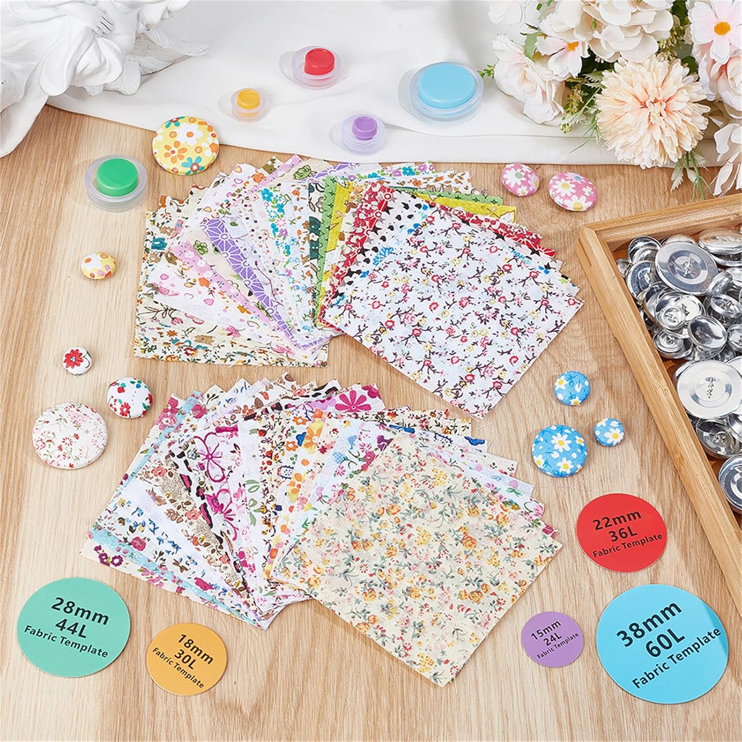 5 sets 5 styles Aluminum Blank Buttons with Plastic Tools for Craft Button Maker Flat Round with Back Cover with 50pcs Cotton Fabric Mixed color 14.5~37.5x4.5~6.5mm