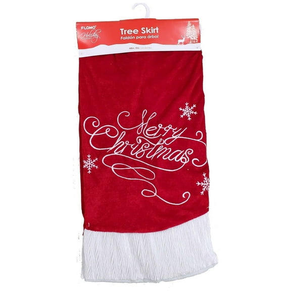 Merry Christmas Embroidered 48-Inch Red Velvet Tree Skirt