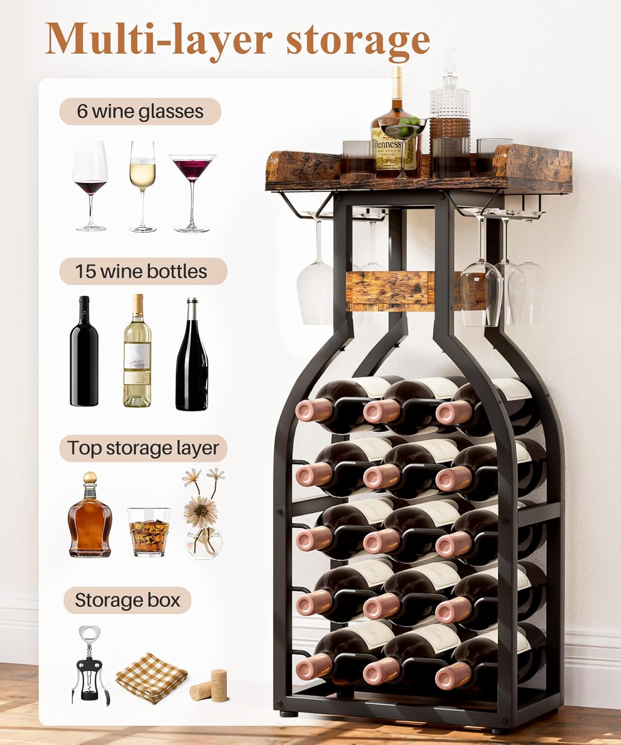 Wine Rack Freestanding Floor, Alcohol Organizer Stand Mini Bar Table Cabinet with Glass Holding Tabletop, 15 Bottles Liquor Storage for Office, Kitchen Dining Living Room