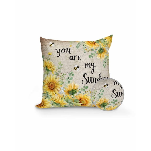 Outdoor Pillows Waterproof, Summer Sunflower Throw Pillows with Inserts Included, Vintage Floral Botanical Bee Country Indoor Outdoor Decorative Lumbar Pillow for Bed/Couch/Patio 16"x16", 1Pcs