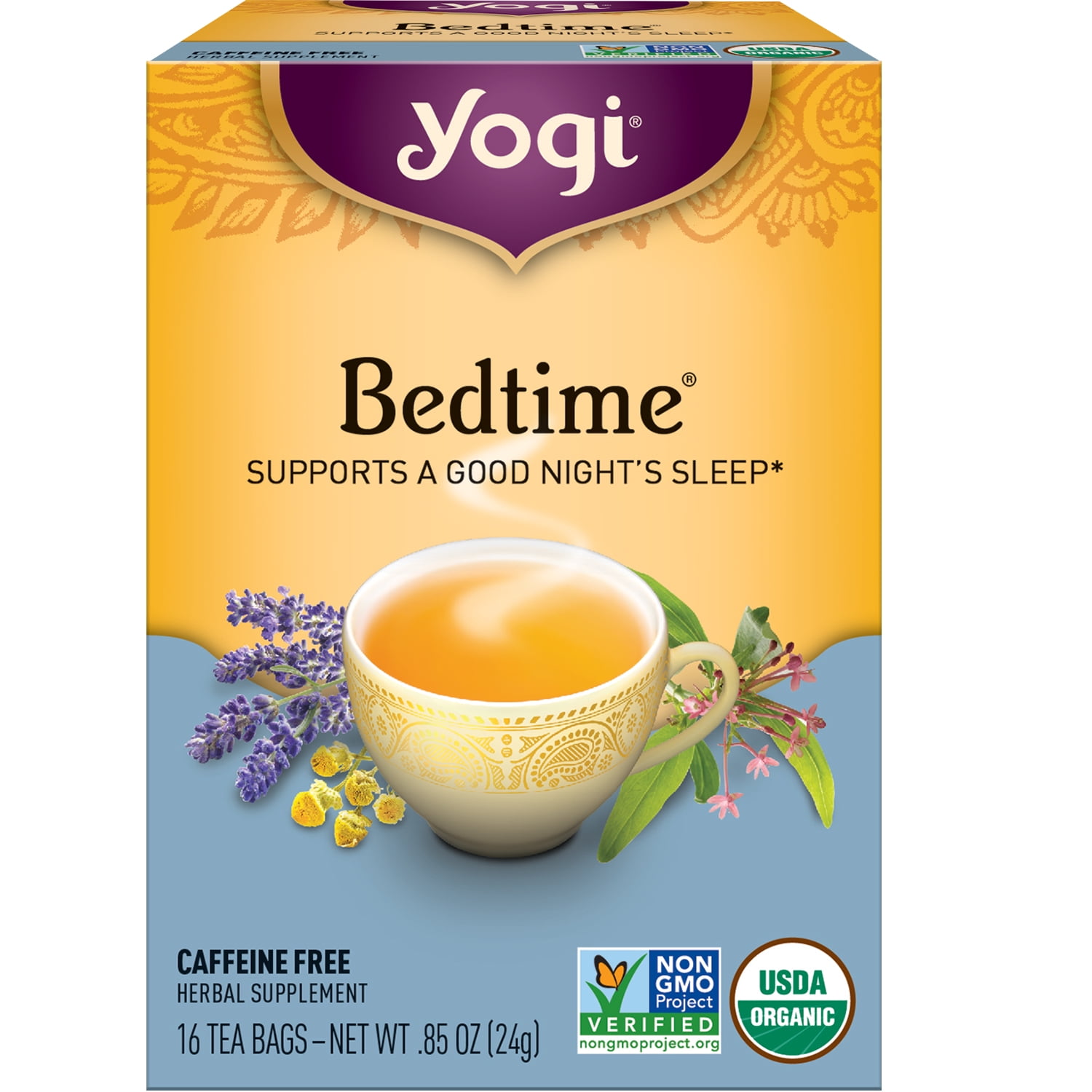 yogi tea bedtime, caffeine-free organic herbal tea, wellness tea bags, 16  count