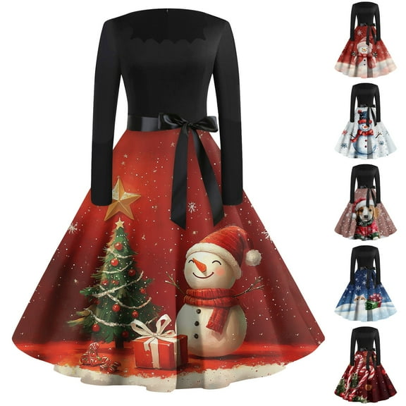 Christmas Dresses for Women Women's Casual Fashion Printed Retro Square Neck Long Sleeve Dress with AI Christmas Print for Holiday Party,Camel,L