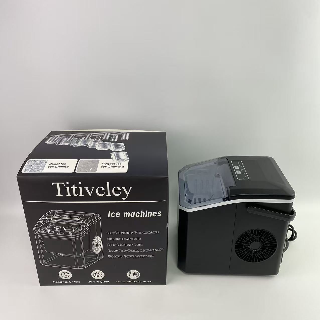 Titiveley Ice cube making machines,Countertop Ice Maker Machine with Handle, 26lbs Per Day, 9 Ice Cubes Ready in 6 Mins (White)