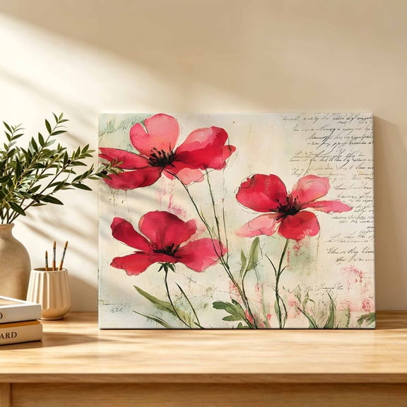 Pastoral Floral Canvas Wall Art, Country Red Flower Oil Painting Wall Art Prints Artwork Framed Canvas Ready to Hang Art Pictures for Bathroom, Dressing Table, Entryway 12" x 8"