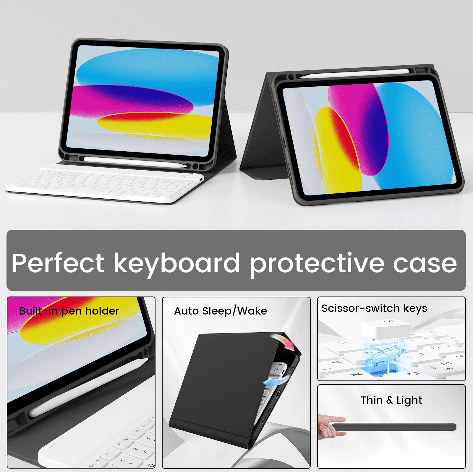 SZPSGC for iPad A16 11th 10th Generation Case with Keyboard, Soft TPU Back Cover with Pencil Holder, Magnetically Detachable Folio Keyboard case for iPad 11th Gen 11 Inch/10th Gen 10.9 Inch,Black