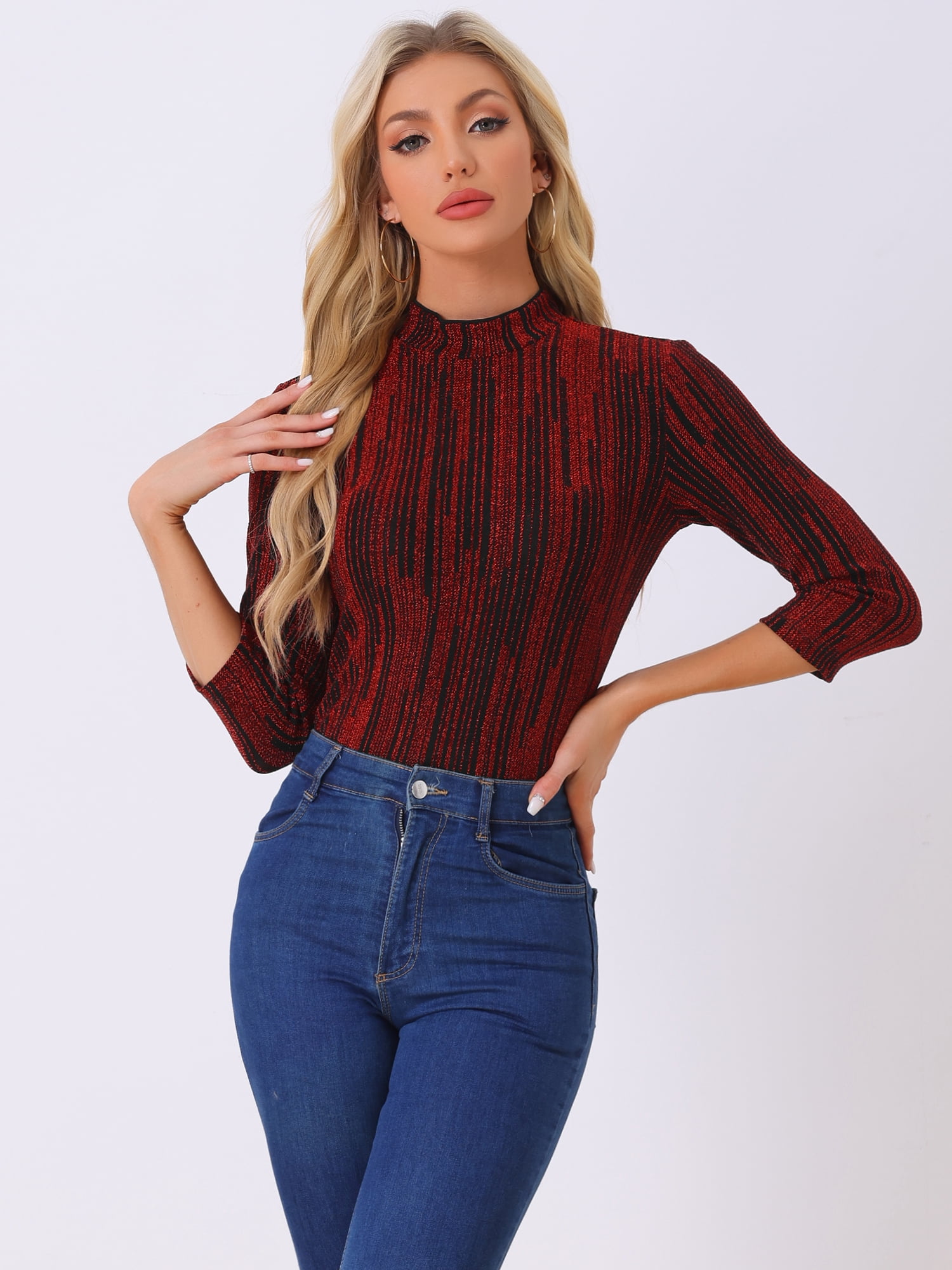 DARING DIVA Party Glitter Shiny Striped Metallic Top L Red