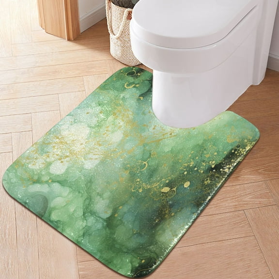 Toilet Rug U-Shaped Bathroom Rugs Non-Slip Soft Plush Machine Washable Contour Bath Mat Emerald Green and Gold Marble 24x20